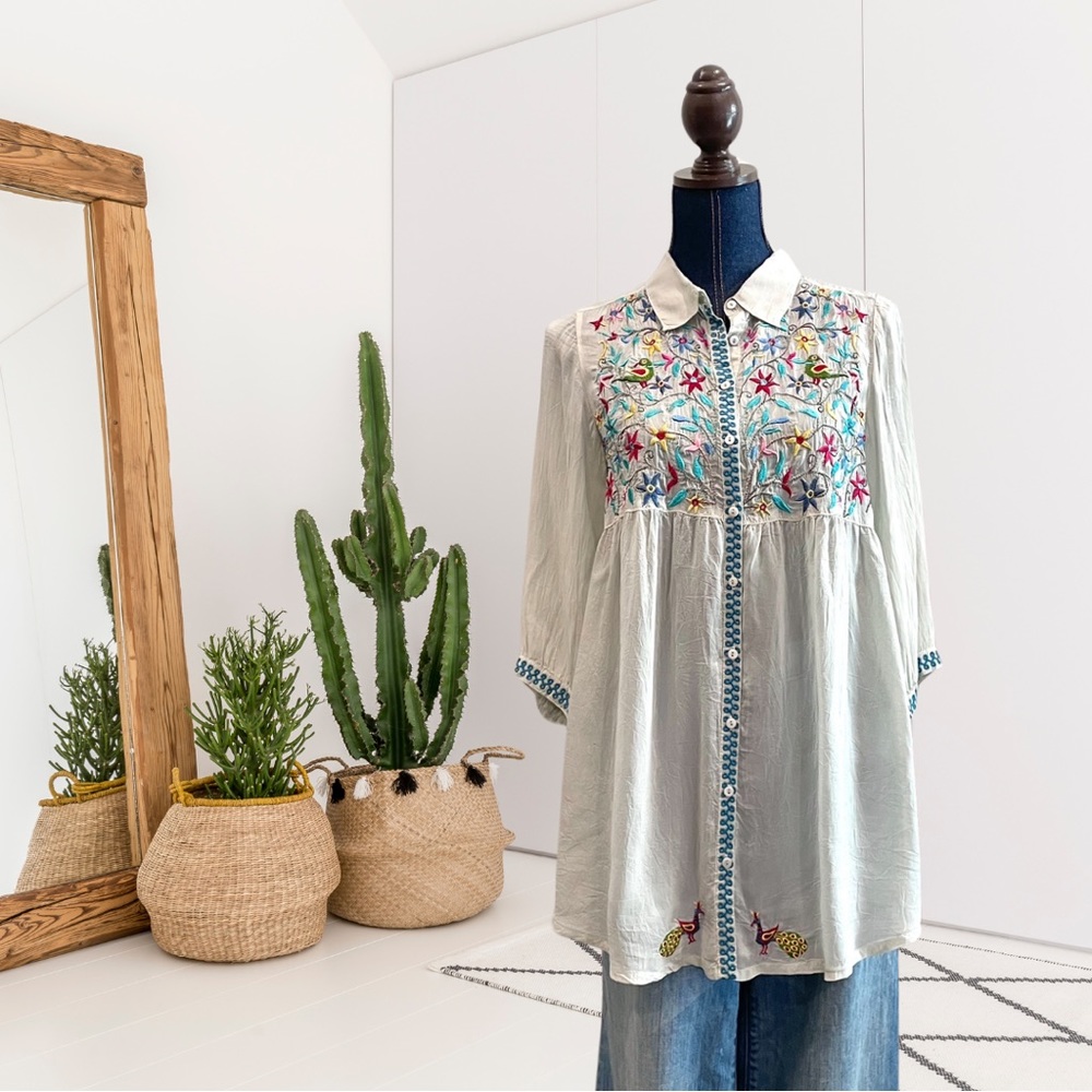 Johnny Was 3/4 Sleeve Button Down Floral Peacock Top